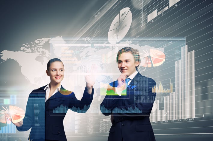 Businessman and businesswoman touching icon of digital screen